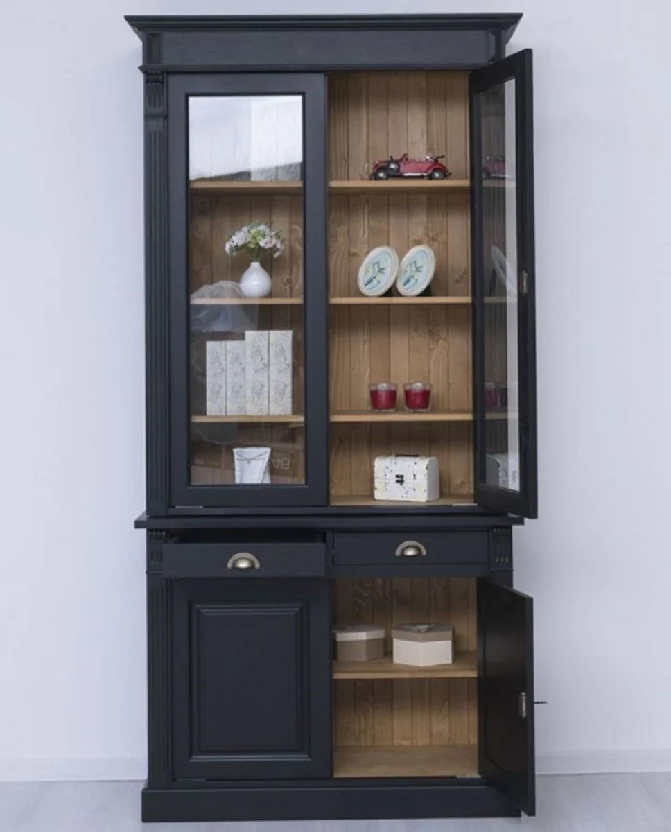 Landhausstil Vitrine Schwarz / Naturfarben 120 x 51 x H. 240 cm - Massivholz Schrank - Vitrinenschrank - Wohnzimmerschrank - Landhausstil Möbel