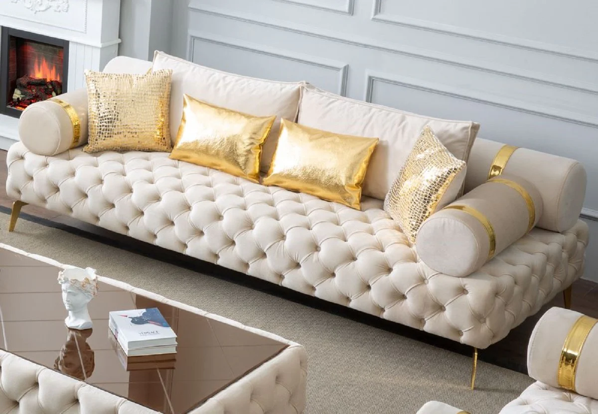 Luxus Chesterfield 3er Sofa Creme / Gold 250 x 115 x H. 70 cm - Chesterfield Wohnzimmer Sofa - Wohnzimmer Möbel - Chesterfield Möbel - Luxus Möbel - Luxus Einrichtung - Möbel Luxus