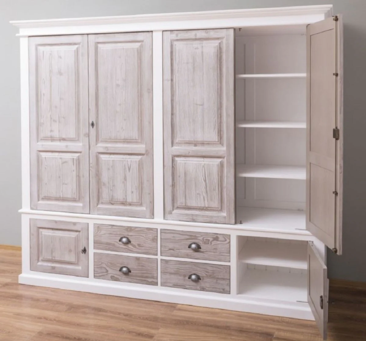 Landhausstil Schlafzimmerschrank Weiß / Naturfarben 232 x 59 x H. 197 cm - Massivholz Kleiderschrank mit 6 Türen und 4 Schubladen - Massivholz Schlafzimmer Möbel im Landhausstil