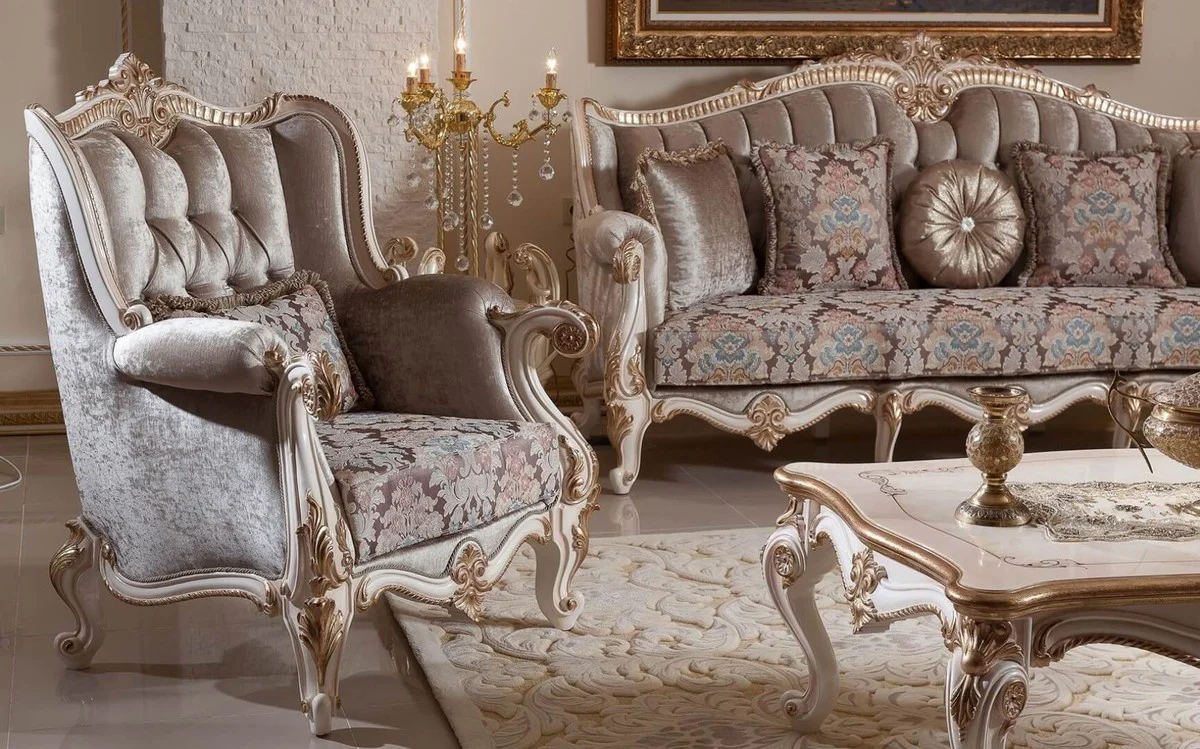 Luxus Barock Couchtisch Weiß / Beige / Gold - Prunkvoller Wohnzimmertisch im Barockstil - Luxus Wohnzimmer Möbel im Barockstil - Barock Möbel - Barock Wohnzimmer Einrichtung