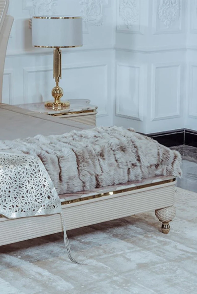 Luxus Art Deco Doppelbett Beige / Grau / Gold - Edles Massivholz Bett mit Kopfteil - Art Deco Schlafzimmer & Hotel Möbel - Luxus Kollektion