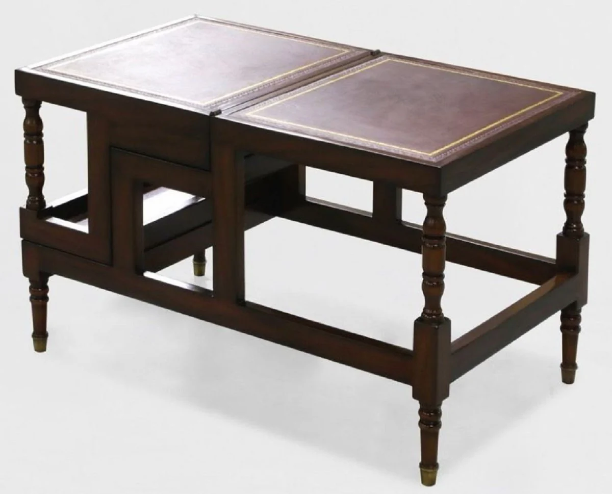 Luxus Jugendstil Couchtisch Dunkelbraun / Bordeauxrot / Gold - Ausklappbare Massivholz Bibliothekstreppe mit Echtleder - Jugendstil Wohnzimmer Möbel - Edel & Prunkvoll
