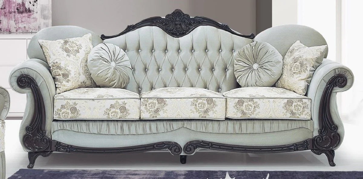 Luxus Barock Sofa Grüngrau / Creme / Dunkelbraun - Prunkvolles Wohnzimmer Sofa mit elegantem Muster und Glitzersteinen - Barockstil Wohnzimmer Möbel - Barock Möbel - Edel & Prunkvoll