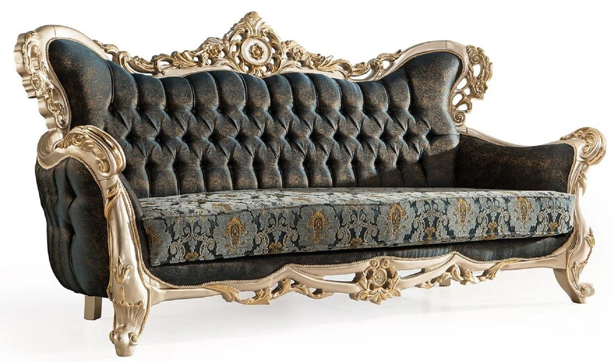 Luxus Barock Sofa Dunkelblau / Türkis / Silber / Gold - Prunkvolles Wohnzimmer Sofa - Barock Wohnzimmer Möbel - Edel & Prunkvoll