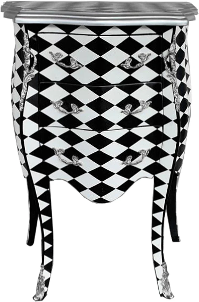 Barock Kommode Karo Schwarz Weiß - Nachttisch Schrank Nachtschrank