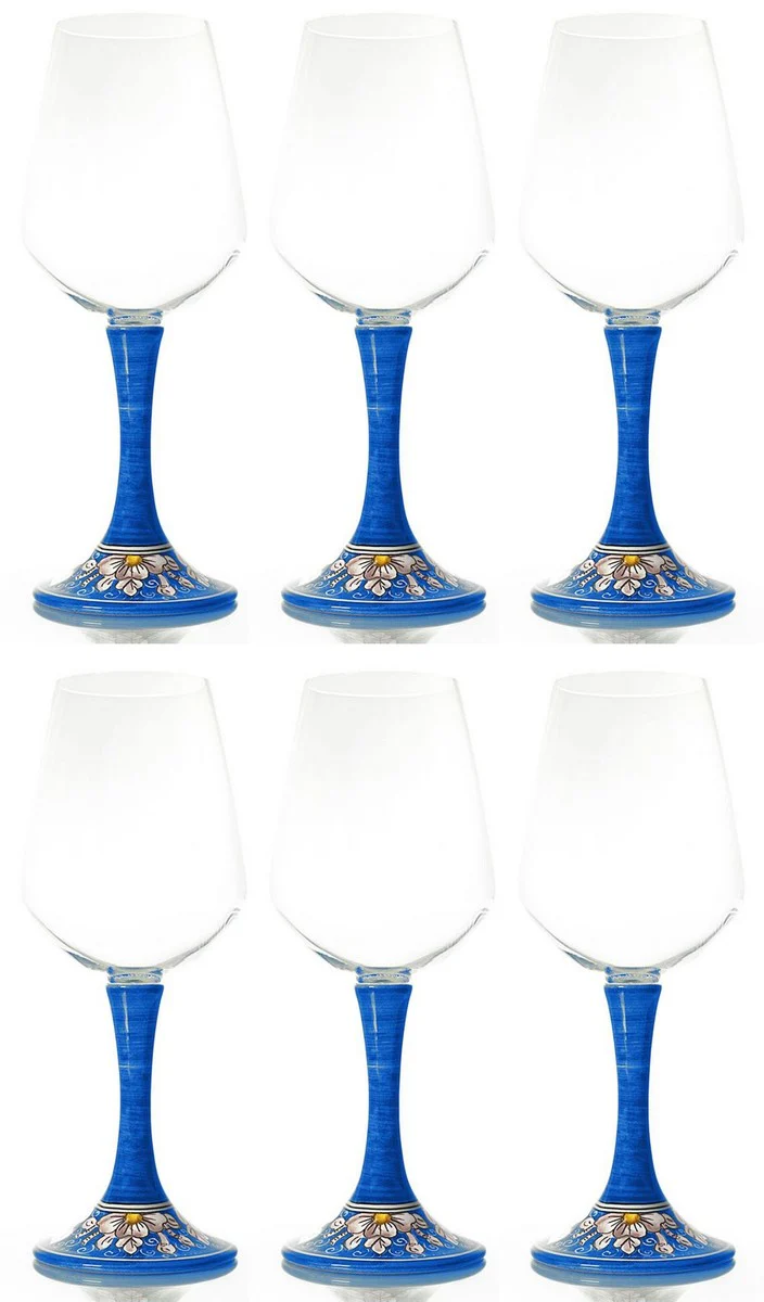 Luxus Weinglas 6er Set Blau / Mehrfarbig H. 23,5 cm - Handgefertigte & handbemalte Weingläser - Hotel & Restaurant Accessoires - Luxus Qualität - Made in Italy