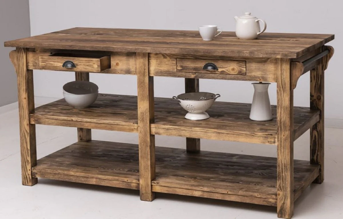 Landhausstil Kücheninsel Braun 180 x 85 x H. 90 cm - Massivholz Kücheninsel mit 4 Schubladen - Esszimmer Möbel - Küchen Möbel - Landhausstil Möbel