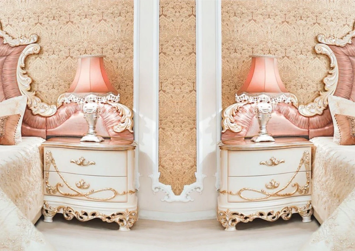 Luxus Barock Nachtkommoden Set Weiß / Creme / Kupferfarben 70 x 55 x H. 68 cm - Prunkvolle Massivholz Nachttische - Barock Schlafzimmer Möbel