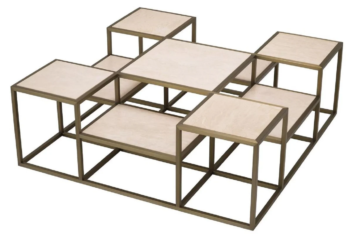 Luxus Couchtisch Messing / Beige 120 x 120 x H. 41,5 cm - Quadratischer Edelstahl Wohnzimmertisch mit Travertin Tischplatten - Wohnzimmer Möbel - Luxus Möbel - Luxus Einrichtung