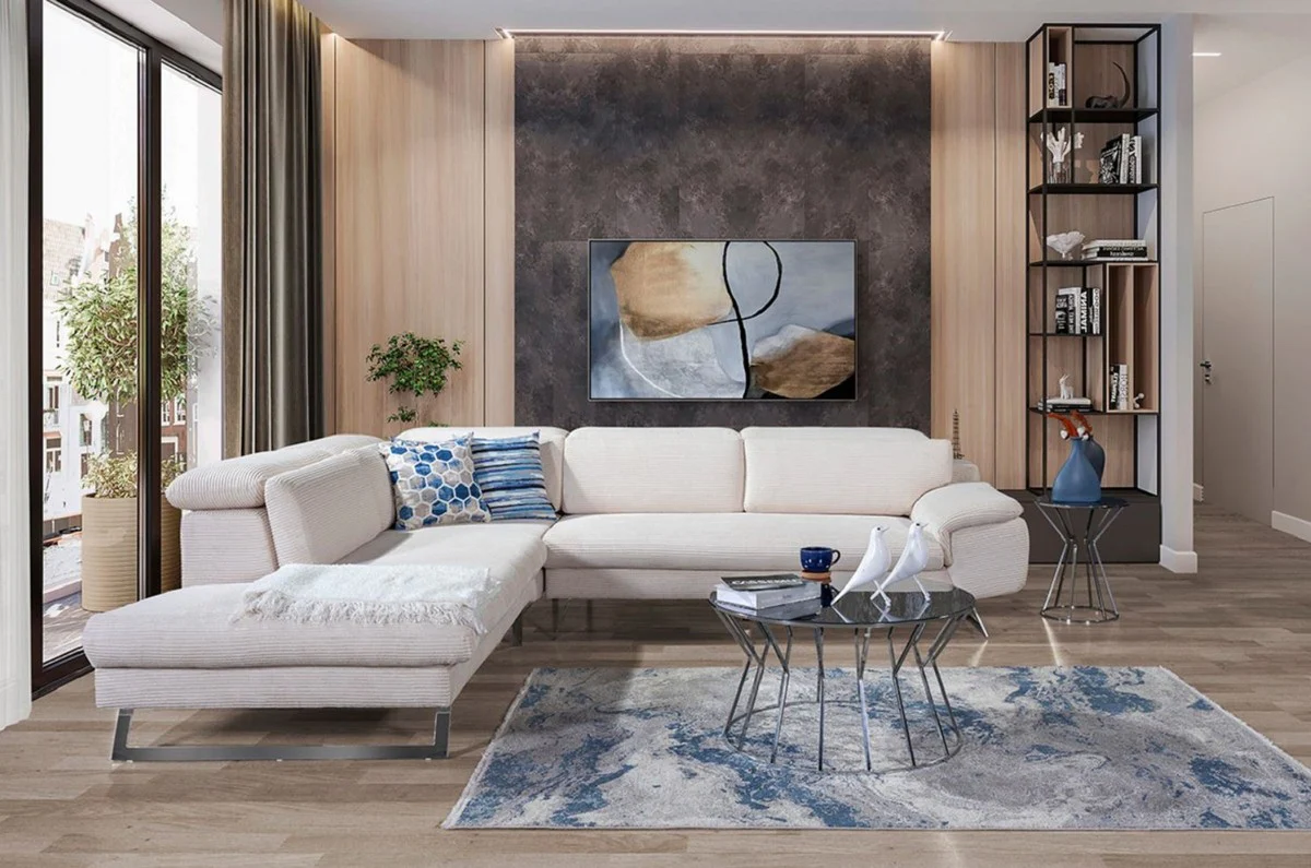 Luxus Ecksofa mit verstellbaren Rückenlehnen Creme / Silber 305 x 260 cm