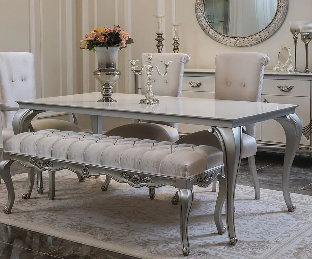 Luxus Barock Esstisch Weiß / Silber - Eleganter Massivholz Küchentisch im Barockstil - Barock Esszimmer Möbel