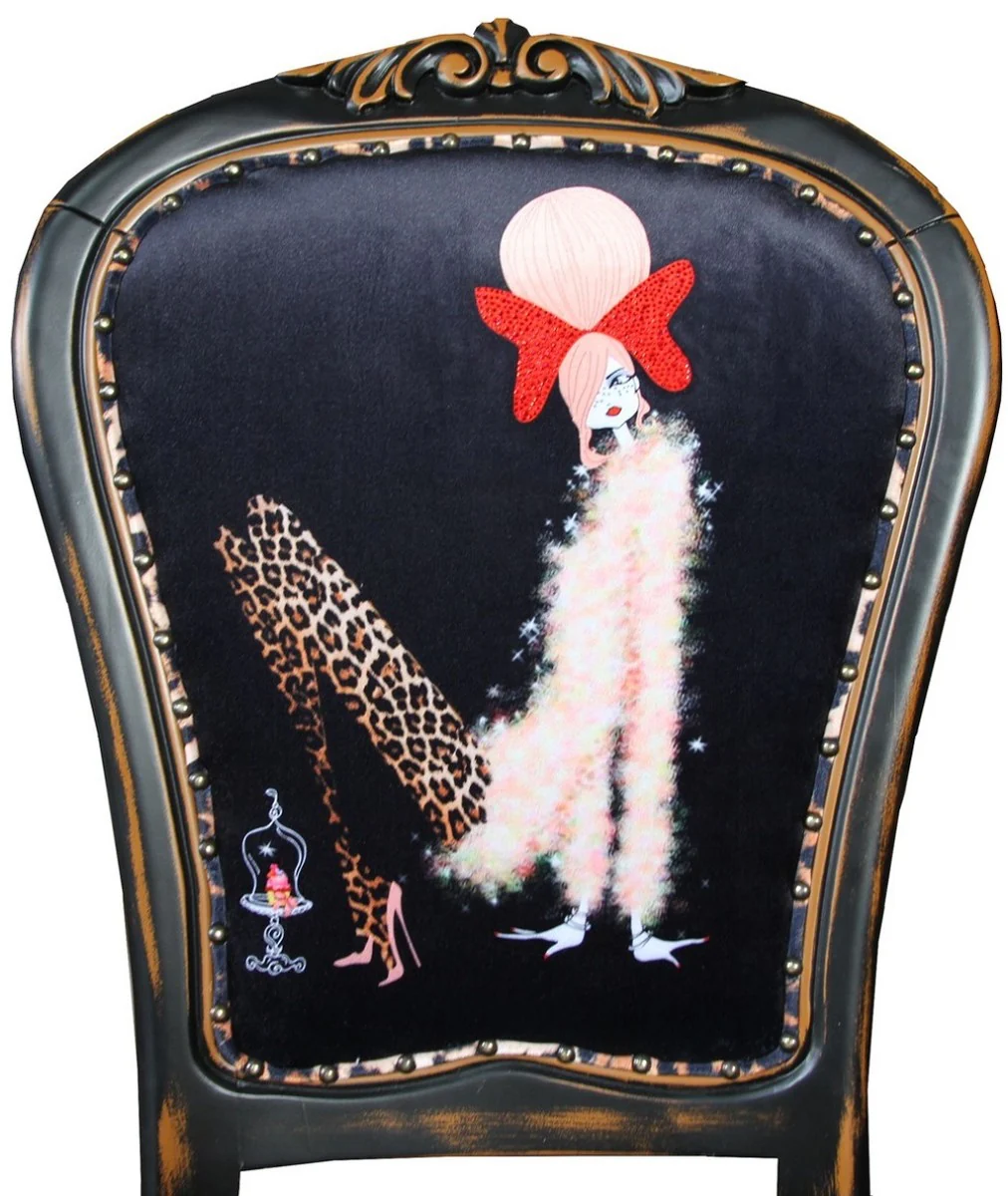 Luxus Barock Esszimmer Set Dame mit High Heels Leopard / Schwarz / Braun 50 x 50 x H. 110 cm - 4 handgefertigte Esszimmerstühle - Barockmöbel