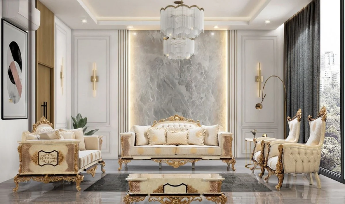 Luxus Barock Sofa Weiß / Beige / Creme / Schwarz / Gold - Barockstil Wohnzimmer Sofa mit elegantem Muster - Luxus Wohnzimmer Möbel im Barockstil - Barock Möbel - Barock Einrichtung