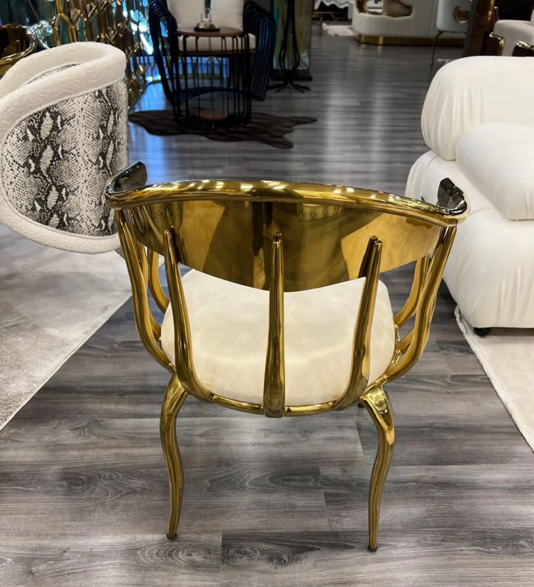 Luxus Designer Esszimmer Stuhl mit Armlehnen Creme / Gold 57 x 57 x H. 82 cm - Esszimmer Möbel - Luxus Möbel - Hotel & Restaurant Möbel - Designer Möbel