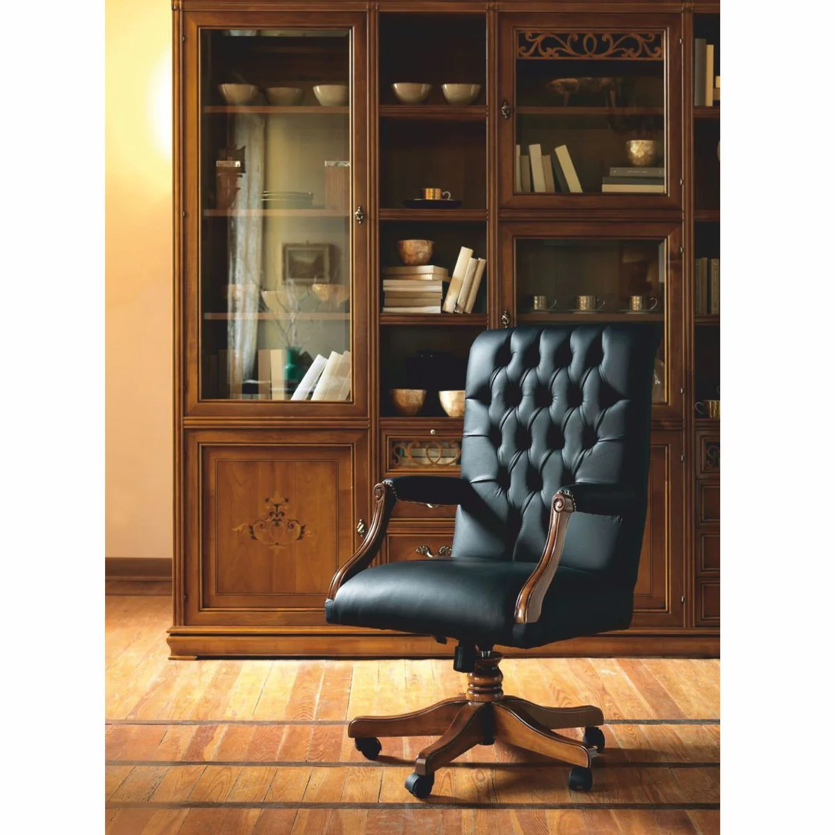 Luxus Barock Chesterfield Leder Schreibtischstuhl Schwarz / Braun - Made in Italy