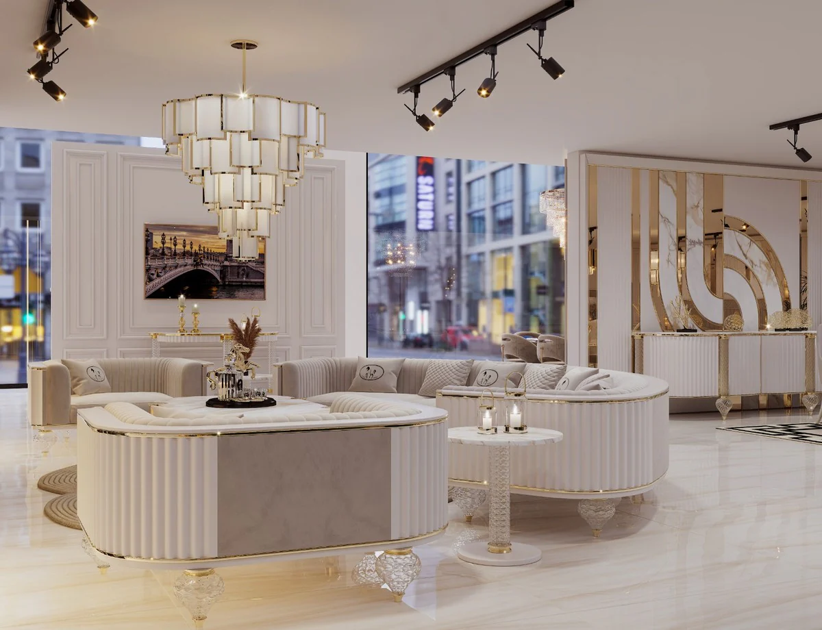 Luxus Art Deco 4er Sofa Grau / Weiß / Gold 400 cm