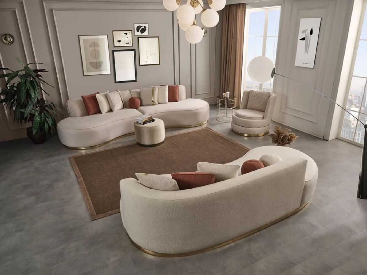 Luxus Sofa Creme / Gold 270 x 120 x H. 76 cm - Gebogenes Wohnzimmer Sofa - Hotel Sofa - Wohnzimmer Möbel - Hotel Möbel - Luxus Möbel - Luxus Einrichtung - Wohnzimmer Einrichtung