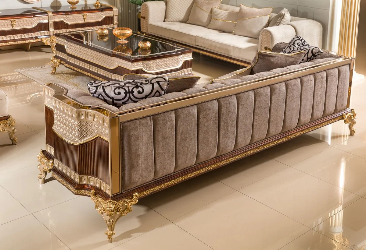 Luxus Barock Sofa Grau / Dunkelbraun / Gold 265 cm - Barock Möbel