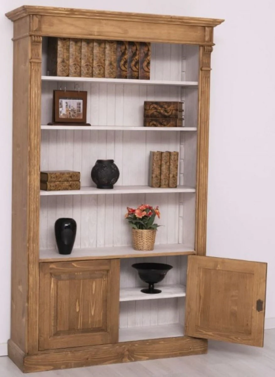 Landhausstil Bücherschrank Braun / Grau 120 x 39 x H. 197 cm - Massivholz Schrank - Wohnzimmerschrank - Büroschrank - Landhausstil Möbel