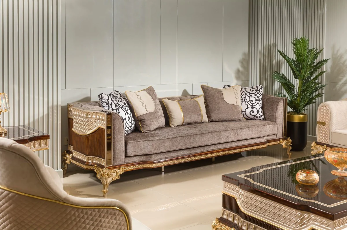 Luxus Barock Sofa Grau / Dunkelbraun / Gold 265 cm - Barock Möbel