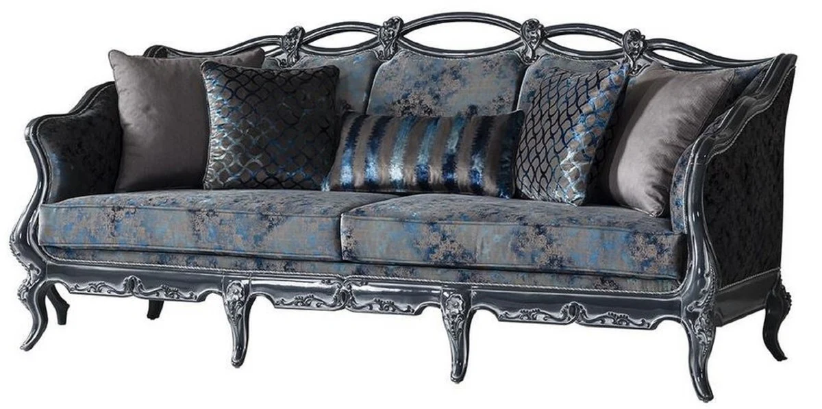 Luxus Barock Sofa Grau / Blau / Grau 224 x 103 x H. 110 cm - Edles Wohnzimmer Sofa mit elegantem Muster und dekorativen Kissen - Barockstil Wohnzimmer Möbel