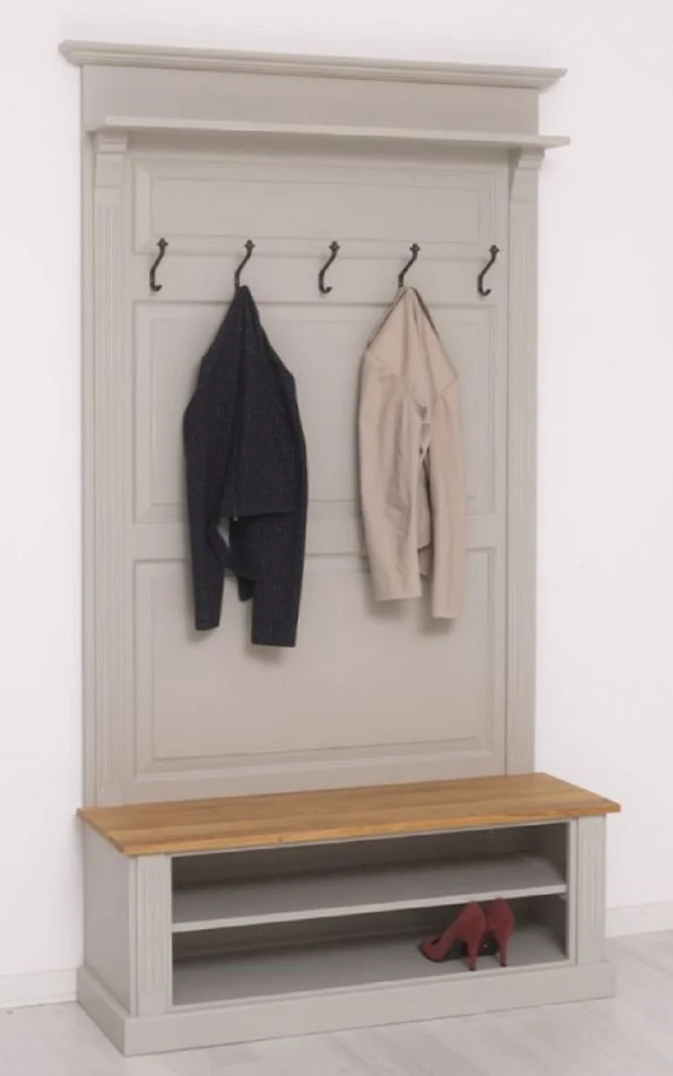 Landhausstil Massivholz Garderobenschrank Grau / Naturfarben 120 x 41 x H. 210 cm - Wand Garderobe - Flur Schrank - Flurmöbel - Garderobenmöbel - Landhausstil Möbel