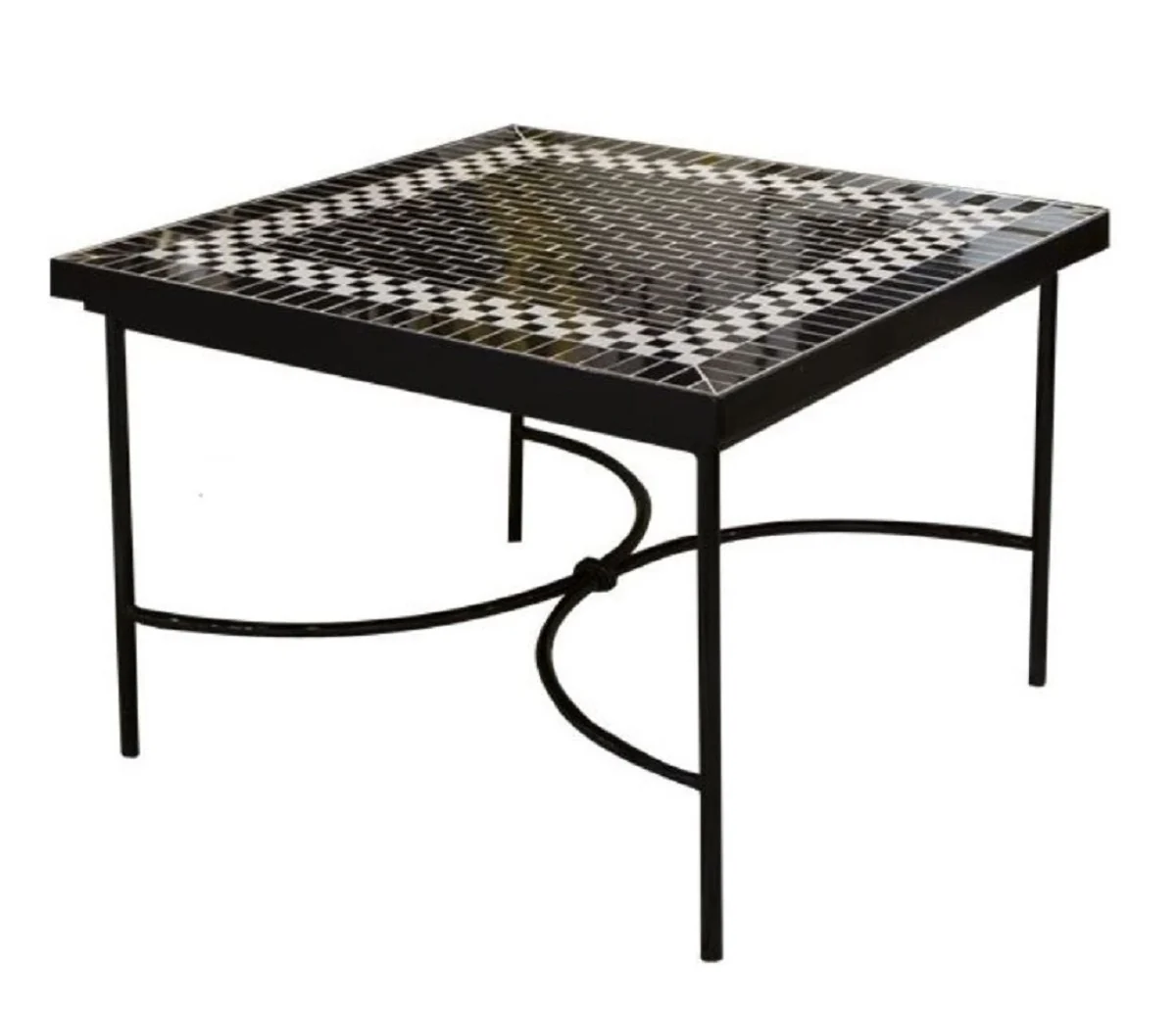 Luxus Jugendstil Beistelltisch Schwarz / Weiß 60 x 60 x H. 50 cm - Handgefertigter Schmiedeeisen Tisch mit Keramik Fliesen Tischplatte - Wohnzimmer Garten Terrassen Tisch Möbel