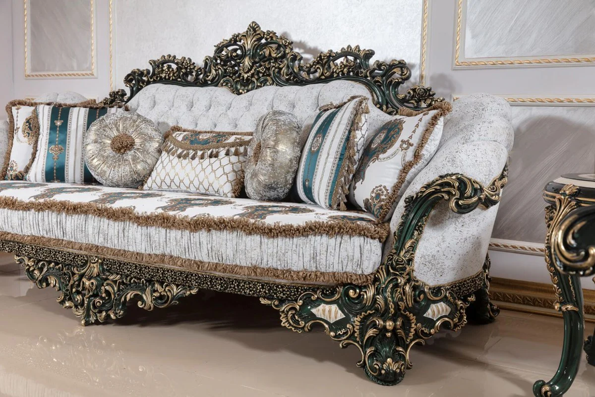 Luxus Barock Sofa Weiß / Mehrfarbig / Grün / Gold - Prunkvolles Wohnzimmer Sofa mit elegantem Muster - Barock Wohnzimmer & Hotel Möbel - Edel & Prunkvoll