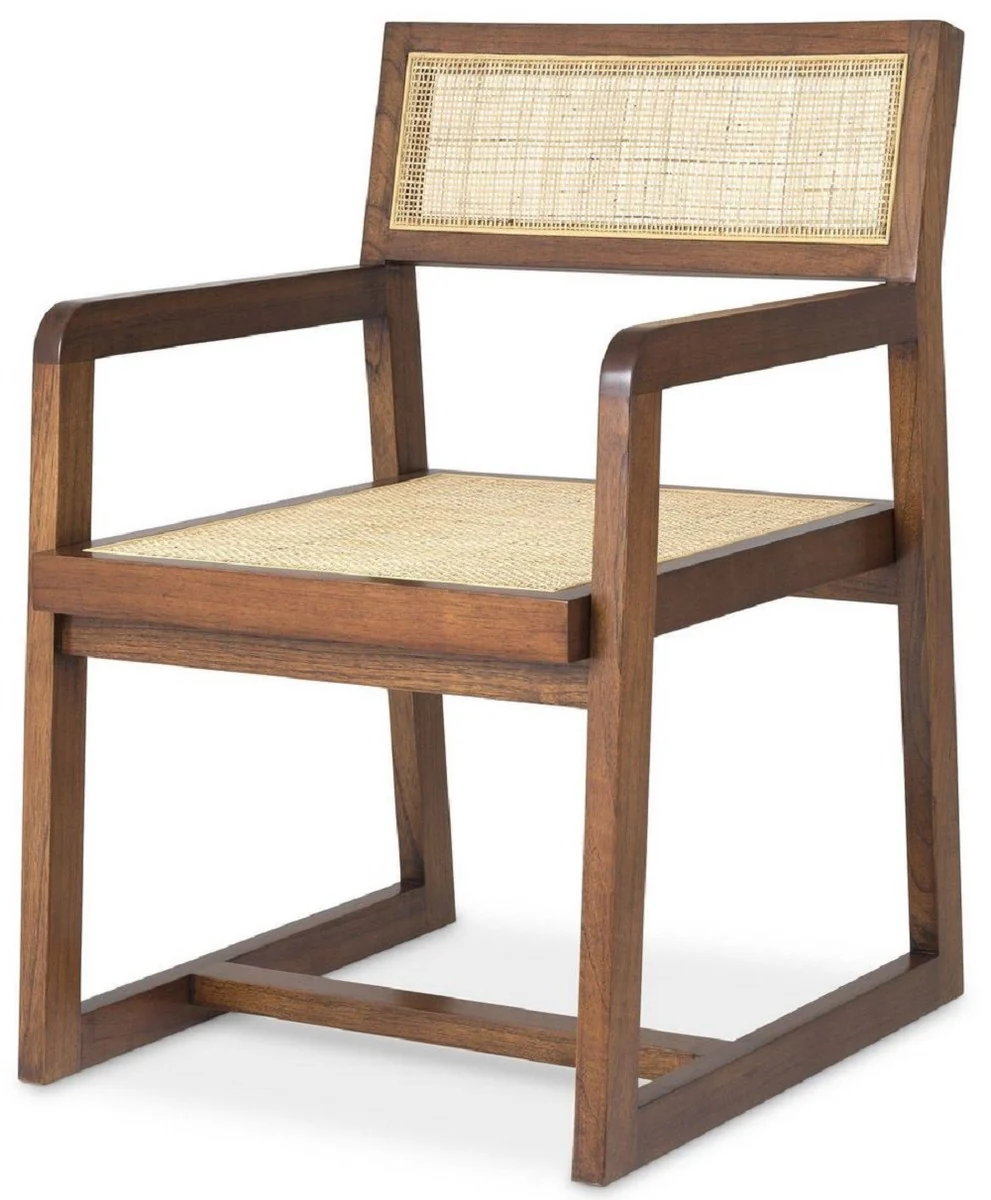 Luxus Esszimmerstuhl Braun / Naturfarben 58,5 x 65,5 x H. 89 cm - Massivholz Stuhl mit Armlehnen und handgewebtem Rattangeflecht - Luxus Esszimmer Möbel