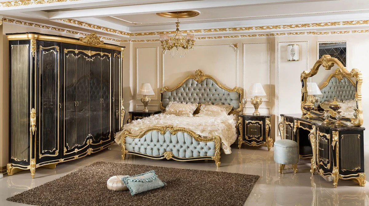 Luxus Barock Nachtkommode mit 3 Schubladen Schwarz / Gold