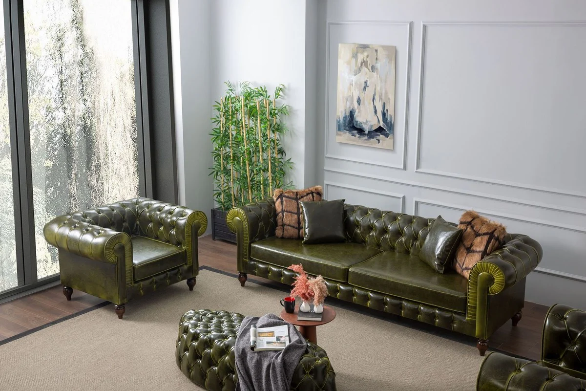 Luxus Chesterfield Kunstleder Sofa Grün / Dunkelbraun 235 x 90 x H. 75 cm - Wohnzimmer Sofa - Wohnzimmer Möbel - Luxus Möbel - Wohnzimmer Einrichtung - Luxus Einrichtung - Möbel Luxus