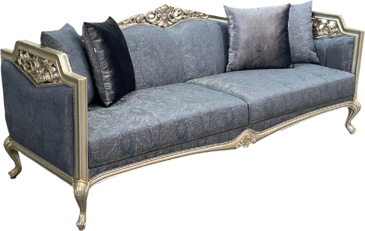 Luxus Barock Sofa Blau / Silber / Gold - Prunkvolles Wohnzimmer Sofa - Barockstil Wohnzimmer Möbel - Barock Einrichtung - Luxus Möbel im Barockstil - Edel & Prunkvoll