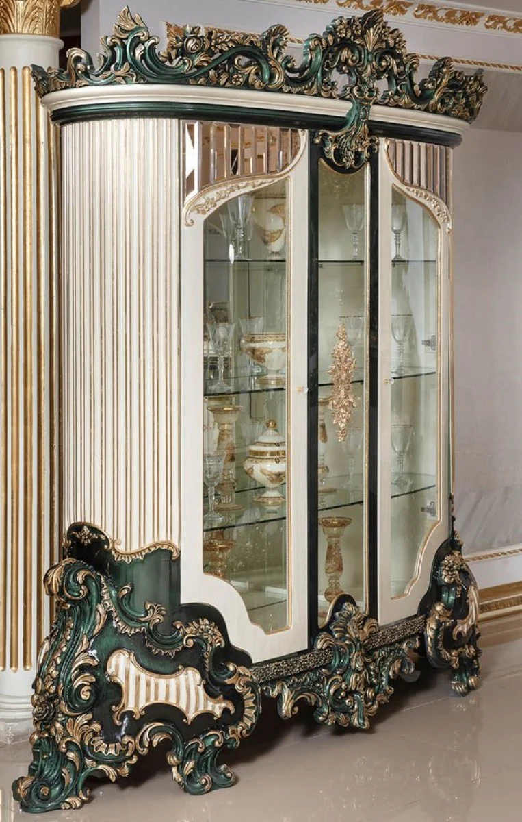 Luxus Barock Vitrine Weiß / Grün / Gold - Prunkvoller Massivholz Vitrinenschrank mit 2 Glastüren - Barock Möbel - Edel & Prunkvoll