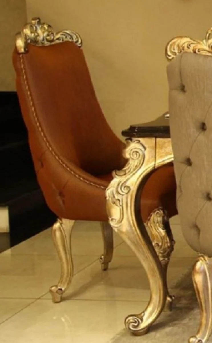 Luxus Barock Esszimmerstuhl Braun / Gold - Handgefertigter Massivholz Küchenstuhl mit edlem Echtleder - Esszimmer Möbel im Barockstil