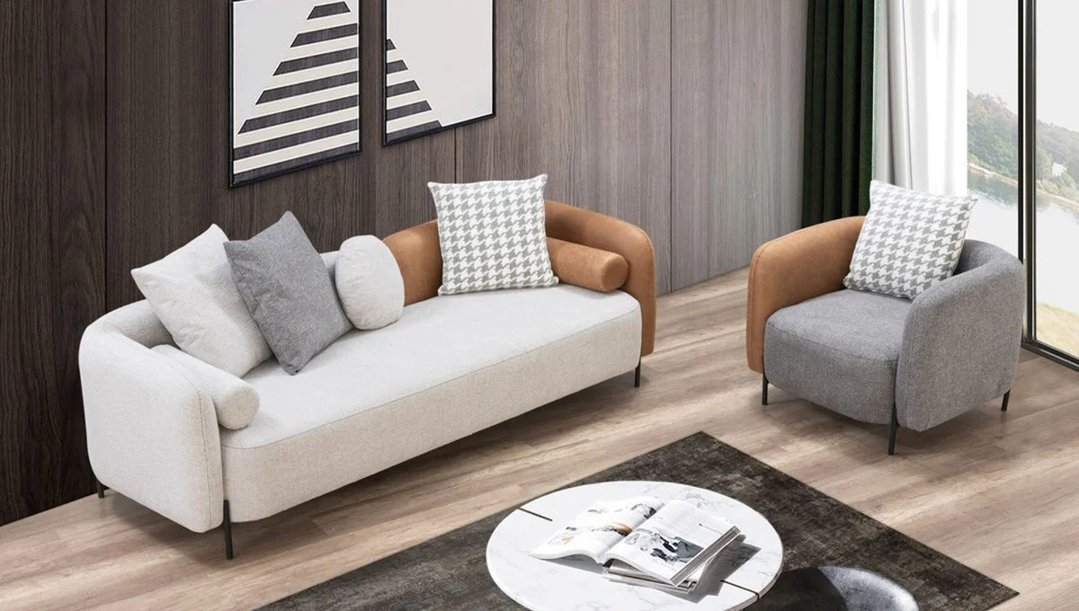 Luxus Sofa Hellgrau / Braun / Schwarz 255 x 90 x H. 70 cm - Wohnzimmer Sofa - Wohnzimmer Möbel - Luxus Möbel - Luxus Einrichtung