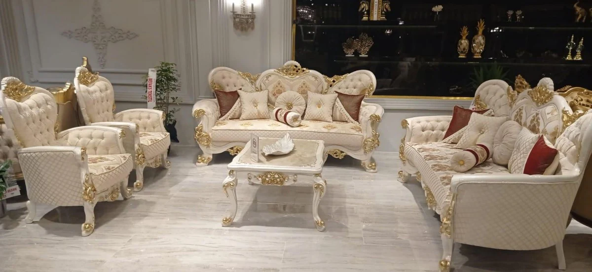 Luxus Barock Wohnzimmer Set Beige / Weiß / Gold - 2 Barock Sofas mit Muster & 2 Barock Sessel mit Muster & 1 Barock Couchtisch - Prunkvolle Barock Wohnzimmer Möbel