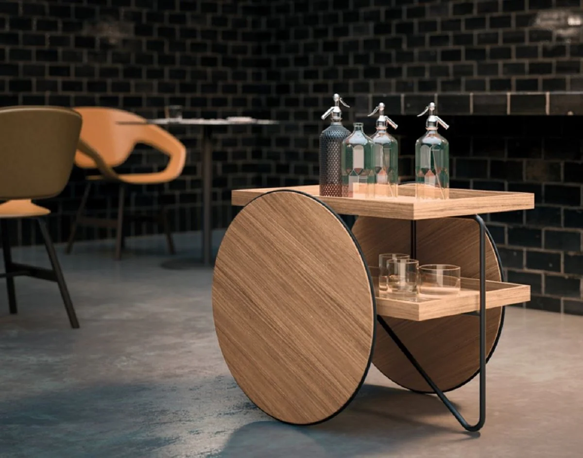 Luxus Beistelltisch mit Rädern Naturfarben / Schwarz - Made in Italy