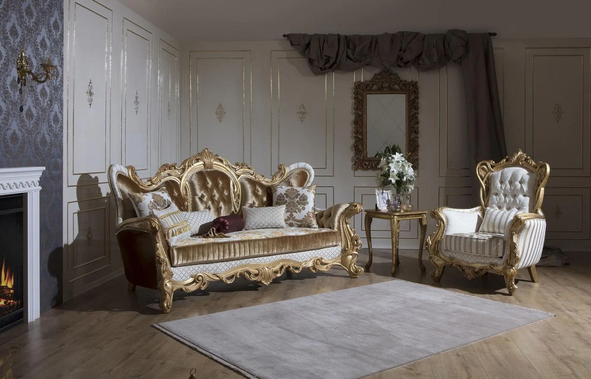Luxus Barock Wohnzimmer Set Gold / Weiß / Grau / Gold - 2 Sofas & 2 Sessel & 1 Couchtisch - Barock Wohnzimmer Möbel - Edel & Prunkvoll