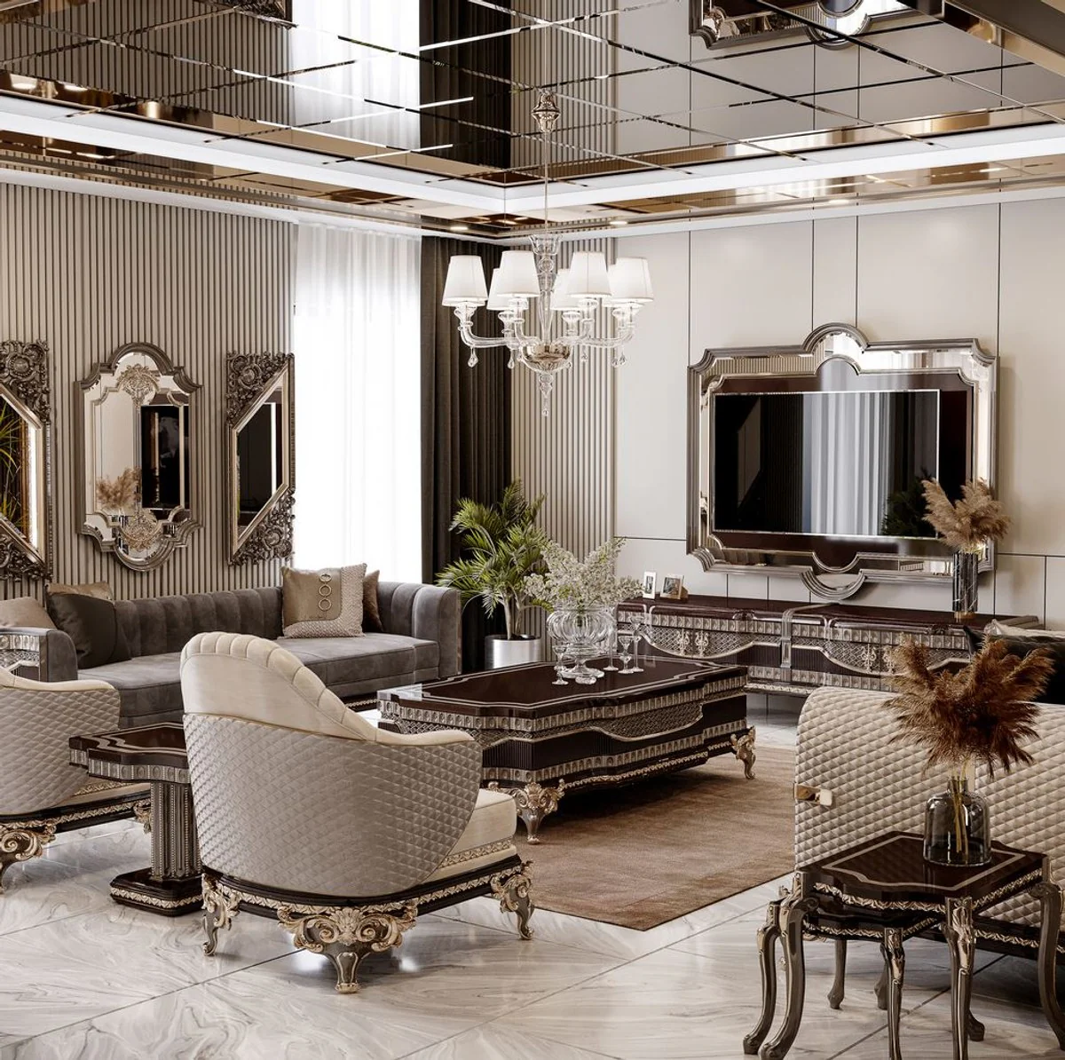 Luxus Barock Couchtisch Dunkelbraun / Grau / Gold 156 cm