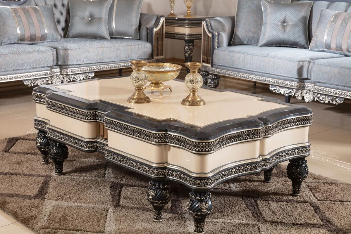 Luxus Barock Couchtisch Beige / Schwarz / Gold - Prunkvoller Massivholz Wohnzimmertisch im Barockstil - Barock Wohnzimmer Möbel - Edel & Prunkvoll