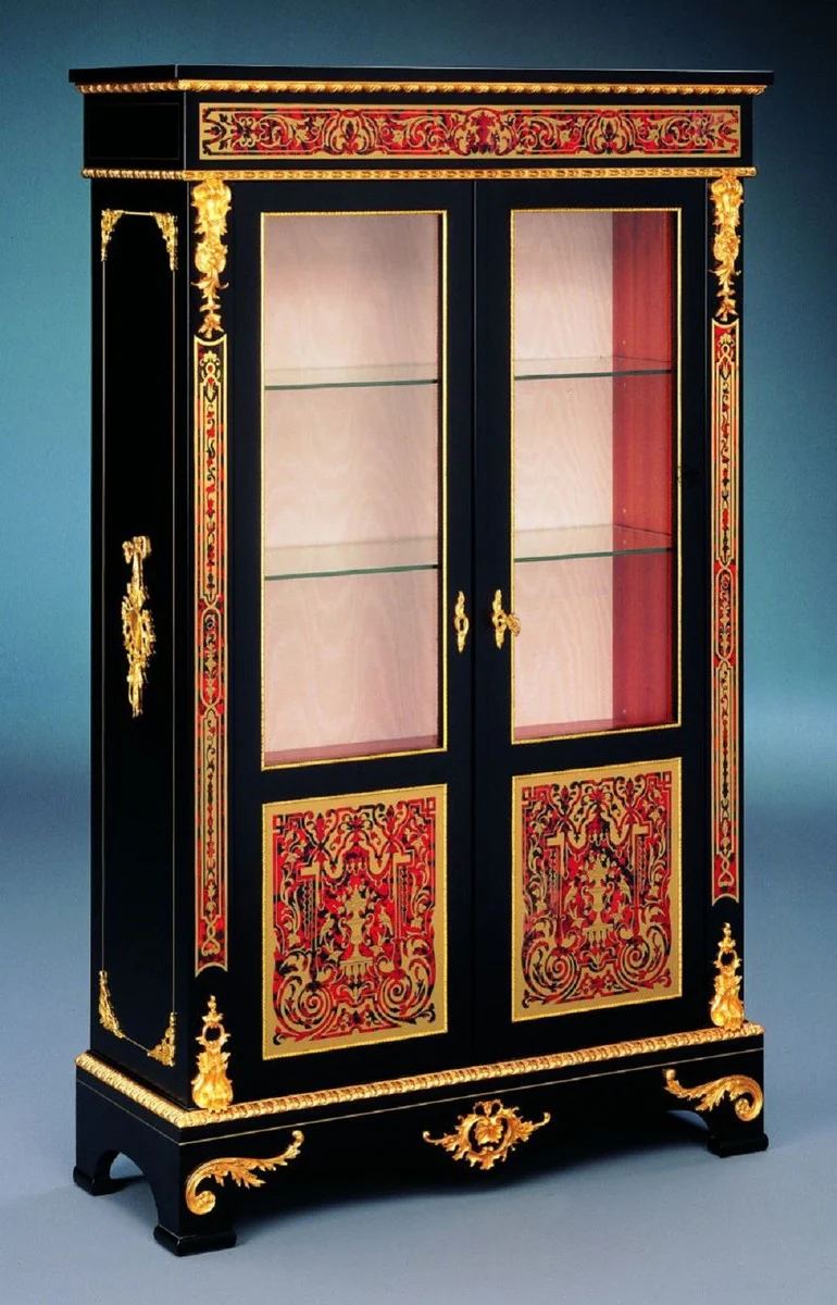 Luxus Barock Boulle Vitrine Schwarz / Rot / Gold 93 x 35 x H. 152 cm - Handgefertigter Massivholz Vitrinenschrank mit 2 Türen - Edle Barock Möbel