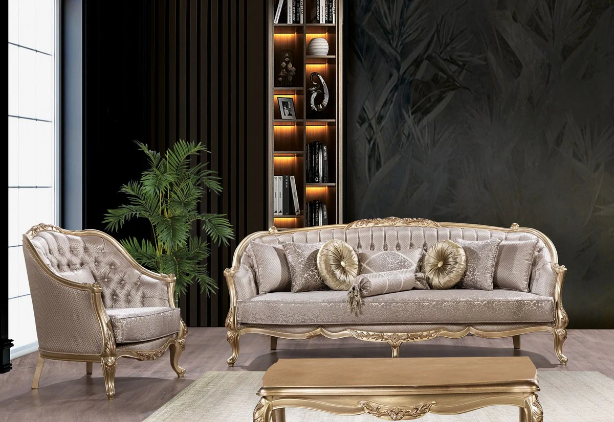 Luxus Barock Sofa Silber / Gold - Barockstil Wohnzimmer Sofa mit elegantem Muster - Luxus Wohnzimmer Möbel im Barockstil - Barock Möbel - Barock Einrichtung