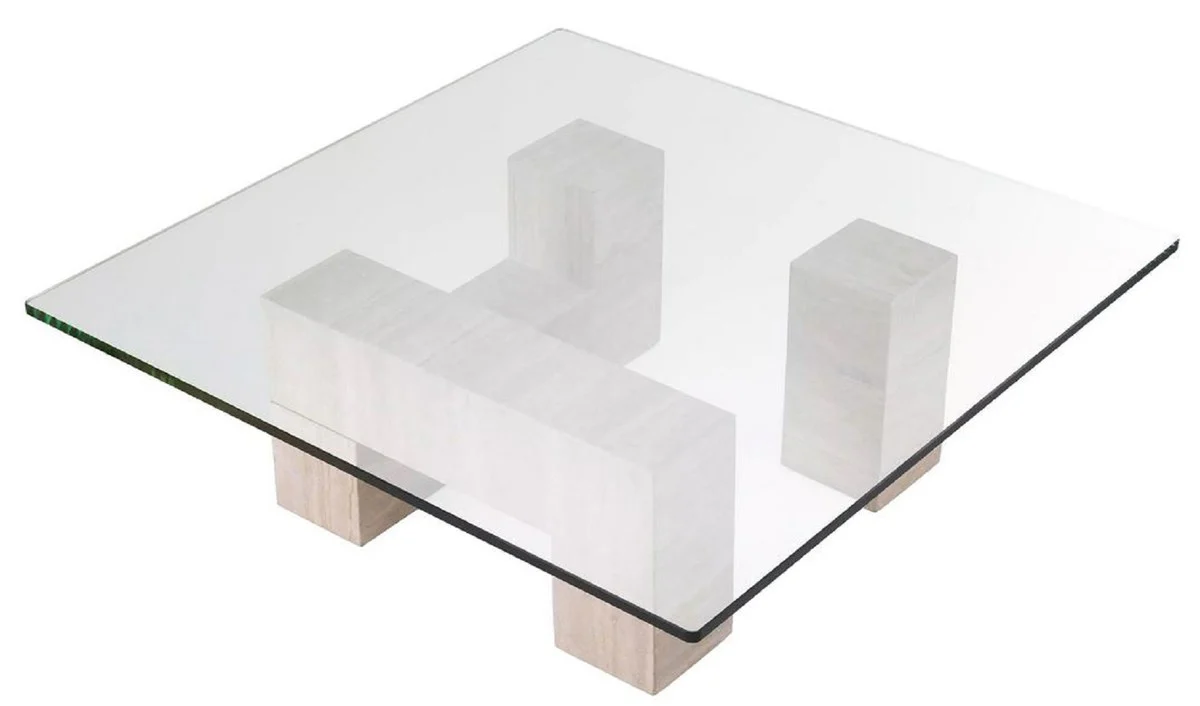 Luxus Travertin Couchtisch Beige 100 x 100 x H. 32 cm - Quadratischer Naturstein Wohnzimmertisch mit Glasplatte - Wohnzimmer Möbel - Luxus Möbel - Luxus Einrichtung