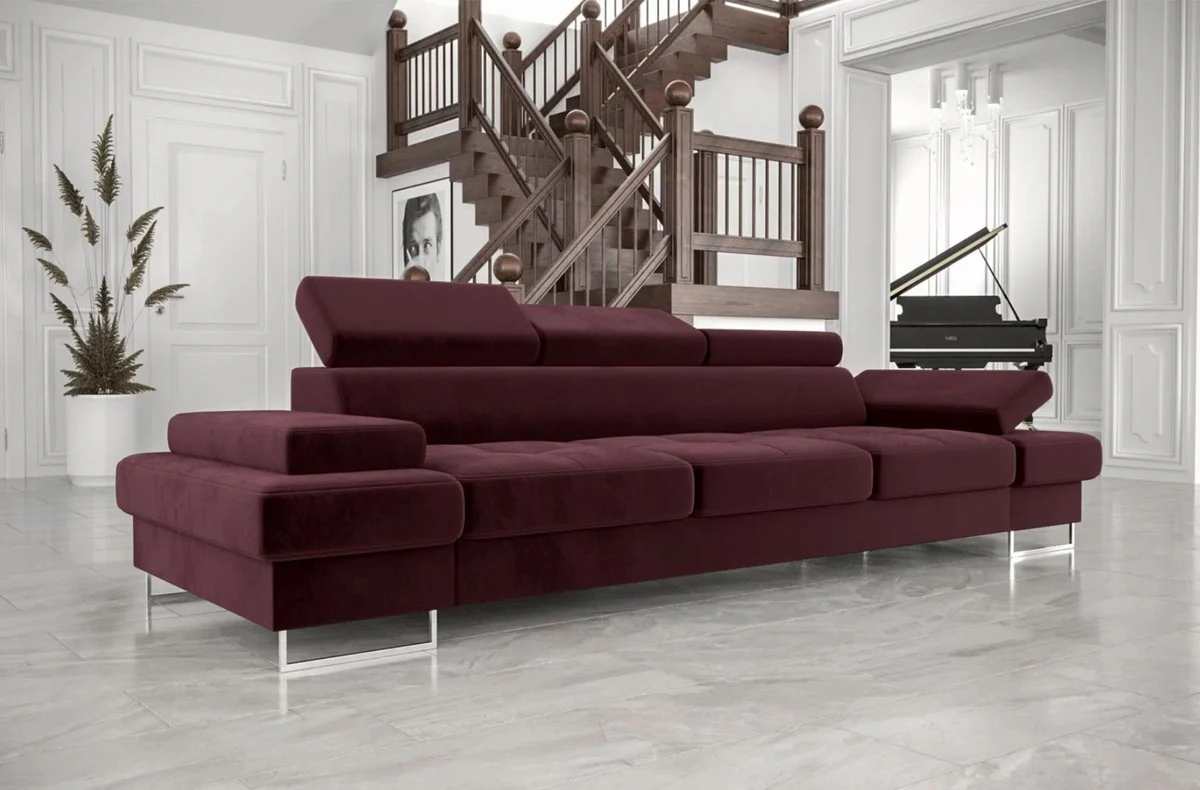 Luxus Samt Sofa Lila / Silber 305 x 97 x H. 74-95 cm - Wohnzimmer Sofa mit verstellbaren Kopfstützen - Wohnzimmer Möbel - Luxus Möbel - Luxus Einrichtung