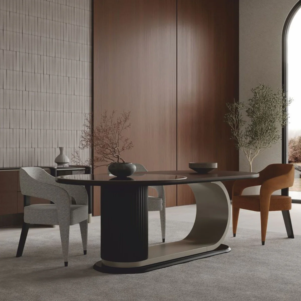 Luxus Esszimmer Set Braun / Grau - 1 Esstisch und 6 Stühle - Hotel & Esszimmer Möbel