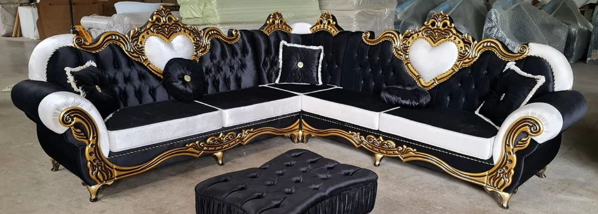 Luxus Barock Ecksofa Schwarz / Weiß / Gold