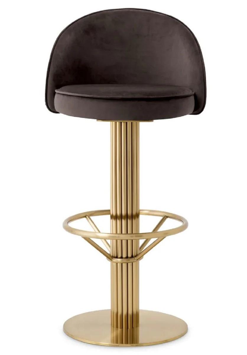 Luxus Samt Barstuhl Dunkelgrau / Messing H. 103 cm - Hotel & Bar Möbel