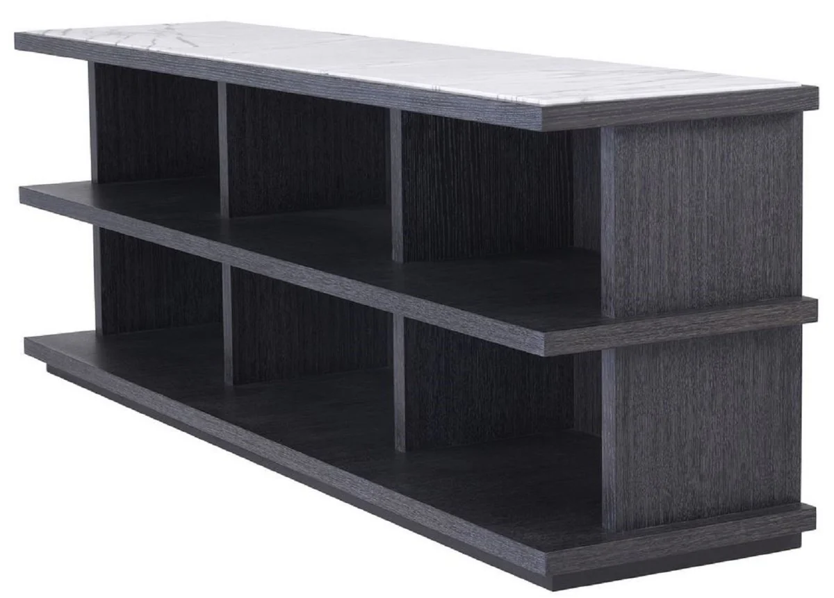 Luxus Regalschrank Anthrazitgrau / Weiß / Fliederfarben 220 x 55 x H. 80 cm - Edler Massivholz Schrank mit 3 Regalen und Marmorplatten - Luxus Wohnzimmer Möbel