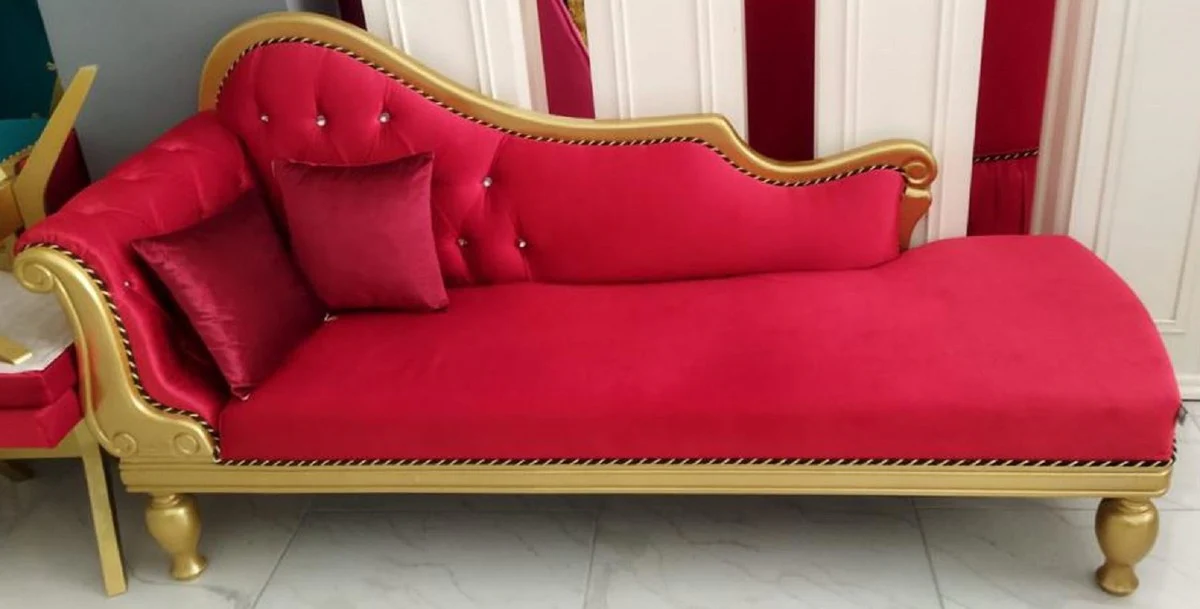 Luxus Barock Chaiselongue Rot / Gold - Handgefertigte Massivholz Recamiere mit edlem Samtstoff und Glitzersteinen - Barock Möbel - Edel & Prunkvoll