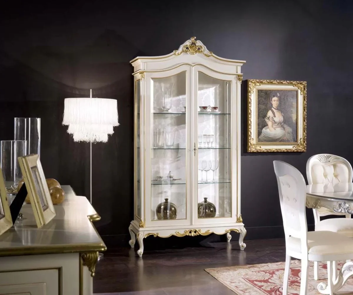 Luxus Barock Vitrine Weiß / Gold - Handgefertigter Massivholz Vitrinenschrank mit 2 Glastüren - Prunkvolle Barock Möbel - Luxus Qualität - Made in Italy
